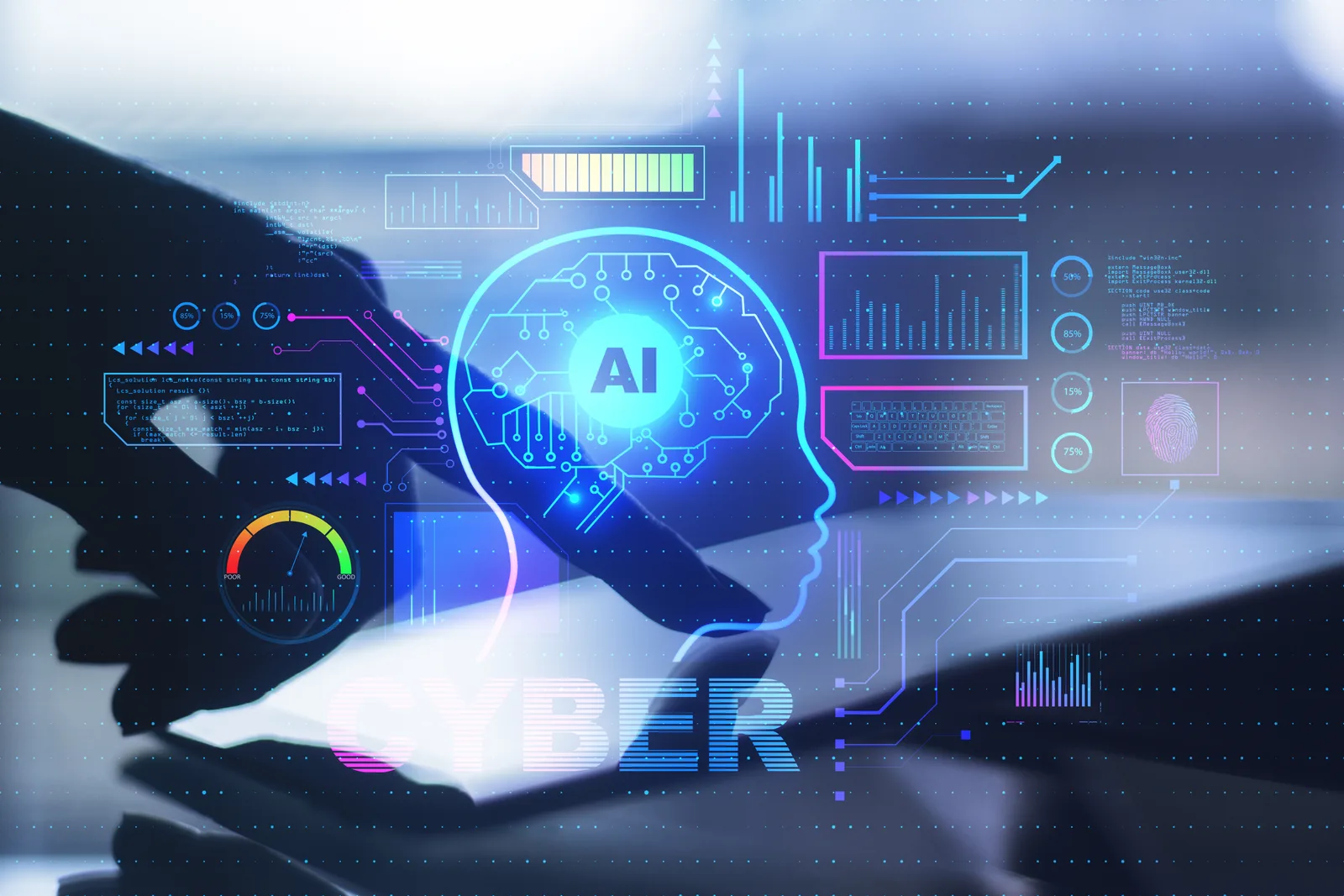 AI automation concept with a neural brain interface and live data dashboards by Solvinex