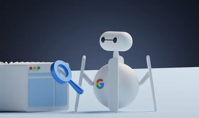 AI assistant holding a magnifying glass over a search result, representing AI-driven search and recommendations