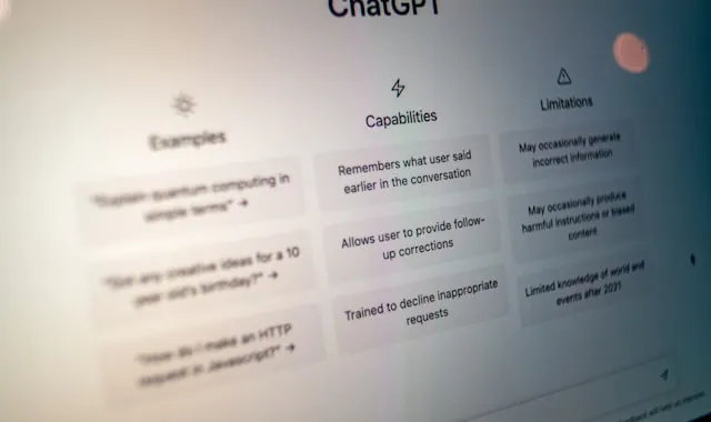 An AI chat interface showing examples, capabilities, and limitations, representing how AI models present answers