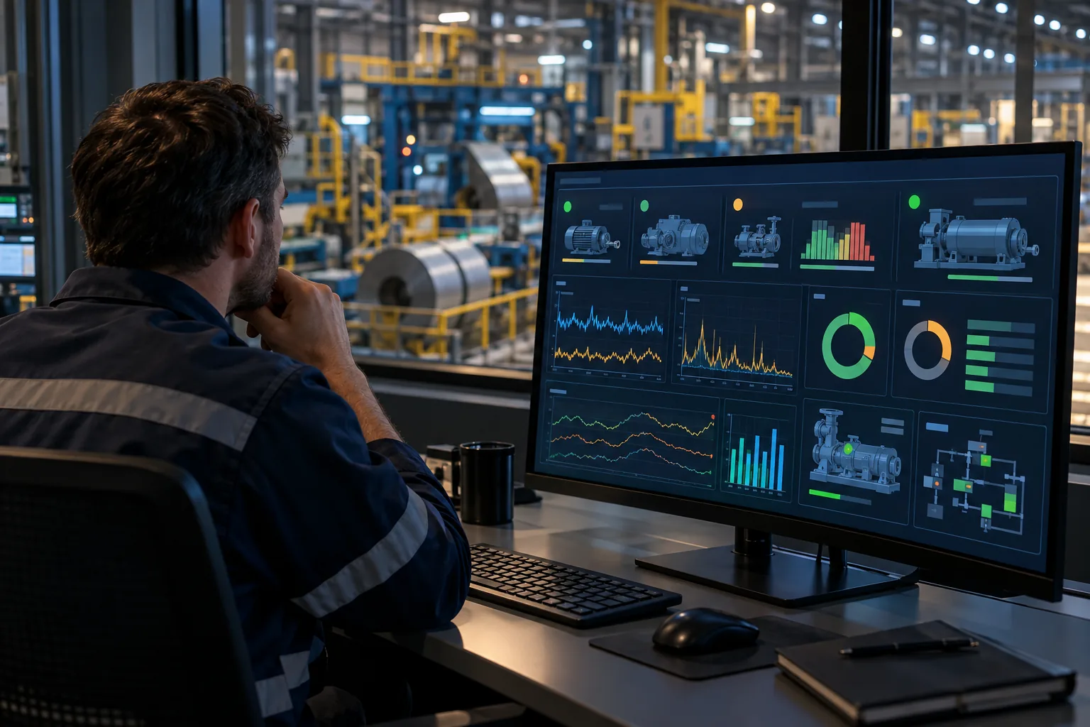 Reliability engineer reviewing industrial IoT condition monitoring trends