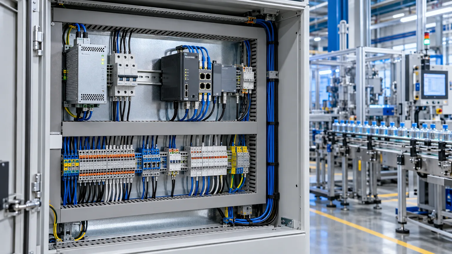 Industrial IoT edge gateway and control hardware installed in a factory cabinet