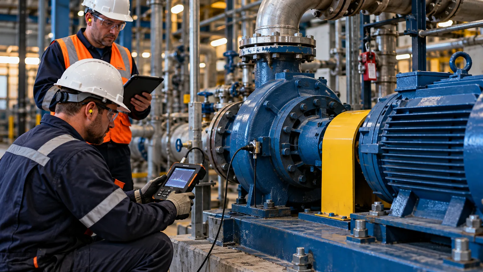 Maintenance technicians checking an industrial pump after a condition monitoring alert