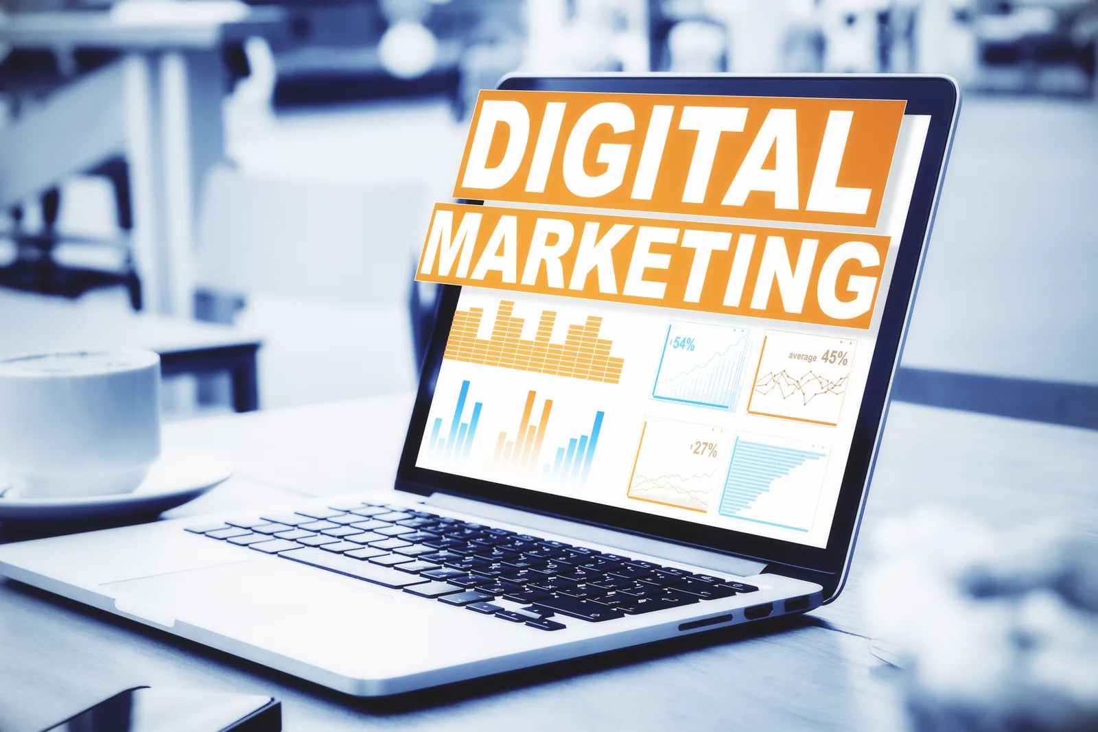 Digital marketing dashboard on a laptop showing campaign analytics and growth charts by Solvinex