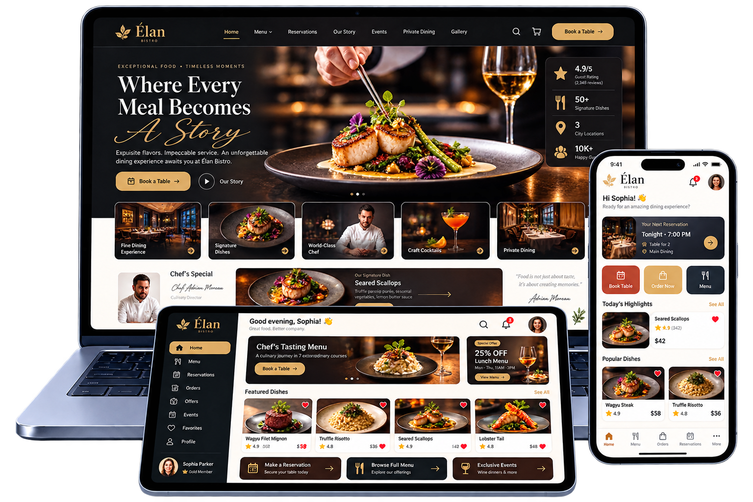 Restaurant website across laptop, tablet and mobile