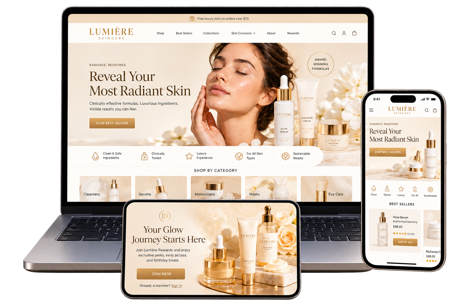 Skincare ecommerce website across laptop, tablet and mobile