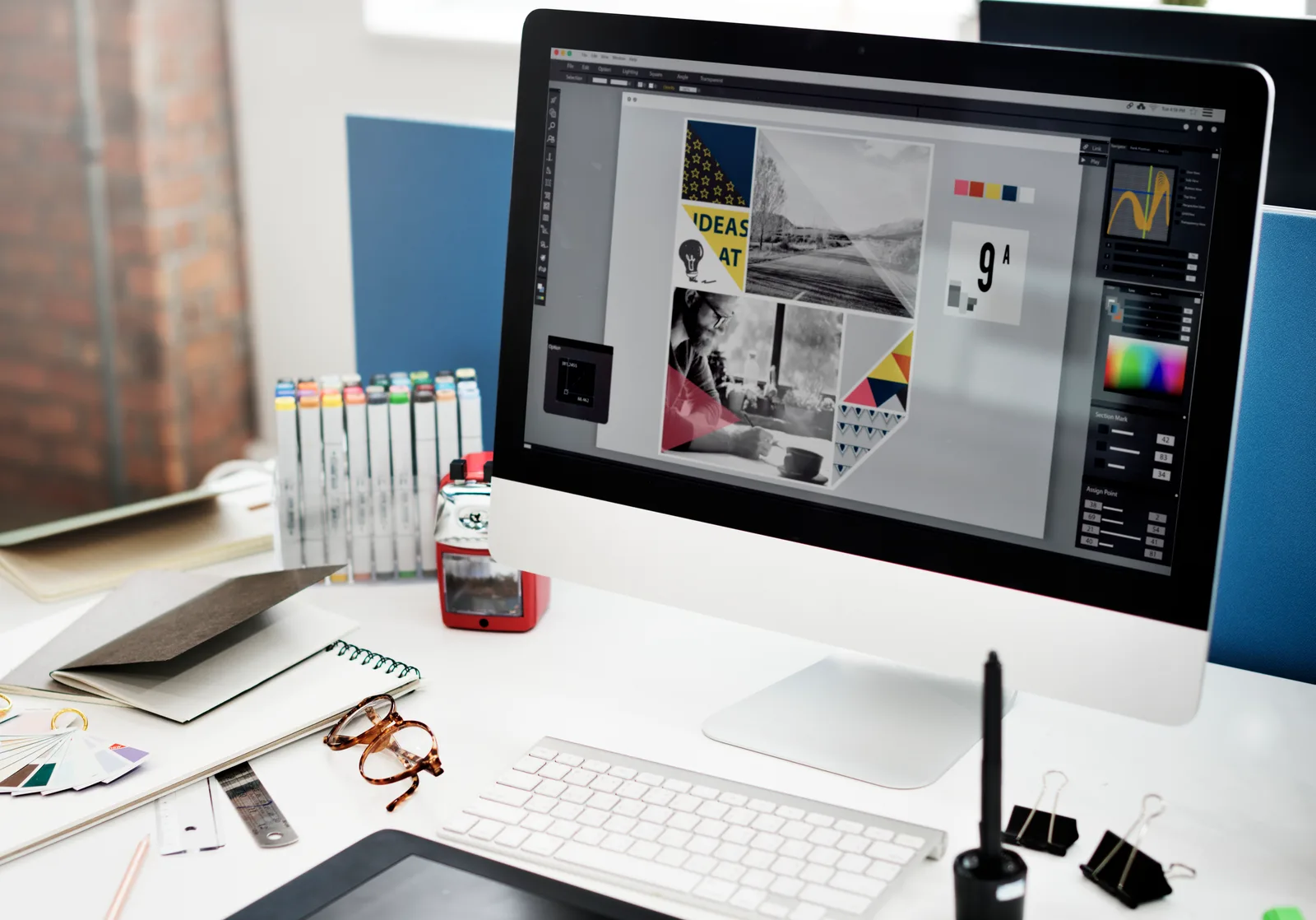 Logo design workspace with brand mark artwork, colour swatches, and design tools by Solvinex