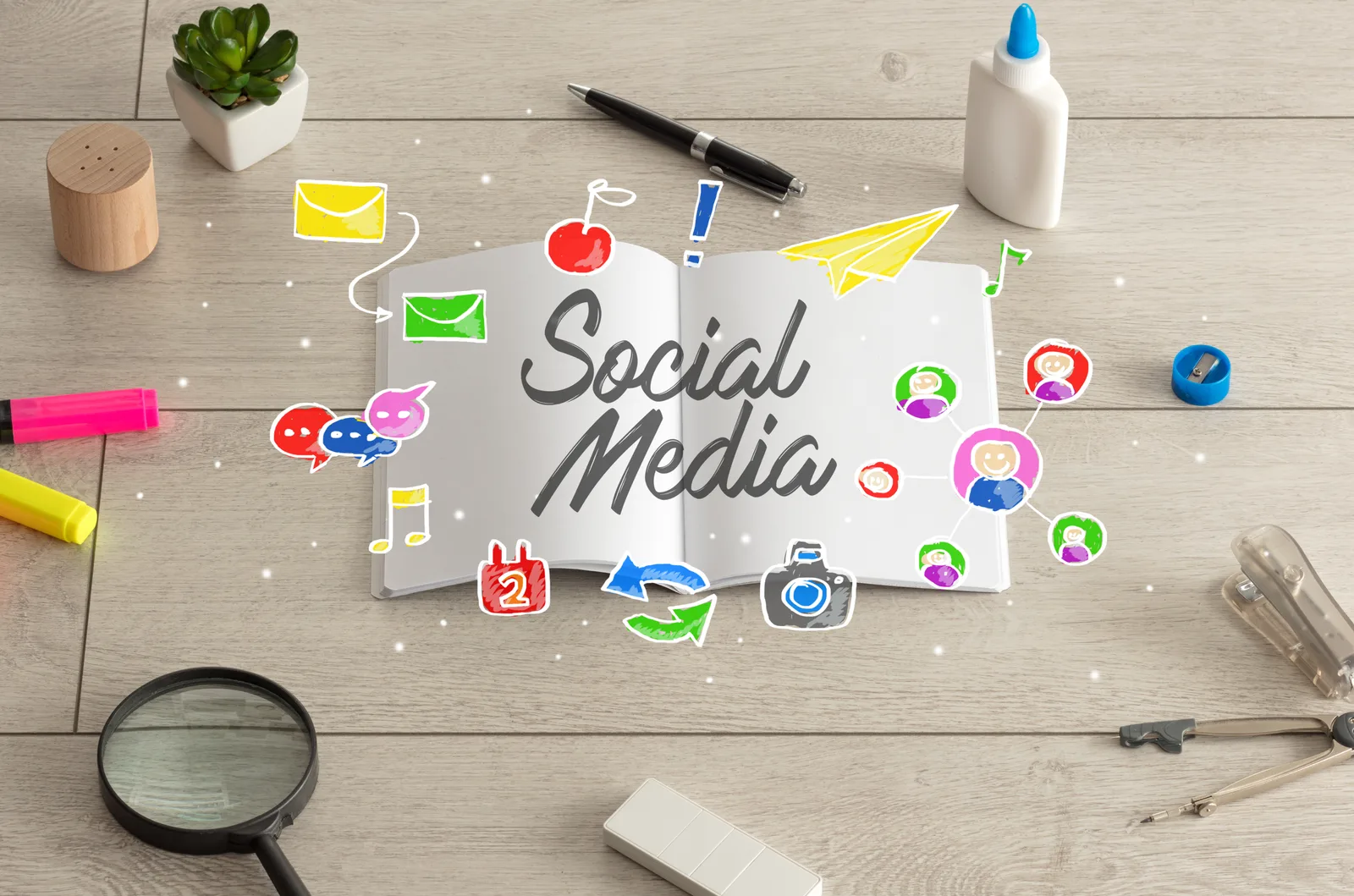 Social media concept with content, engagement, and platform icons by Solvinex